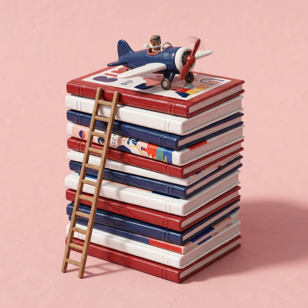 A toy biplane parked on a tall stack of red, white and blue magazines, with a wooden ladder leaning against the stack