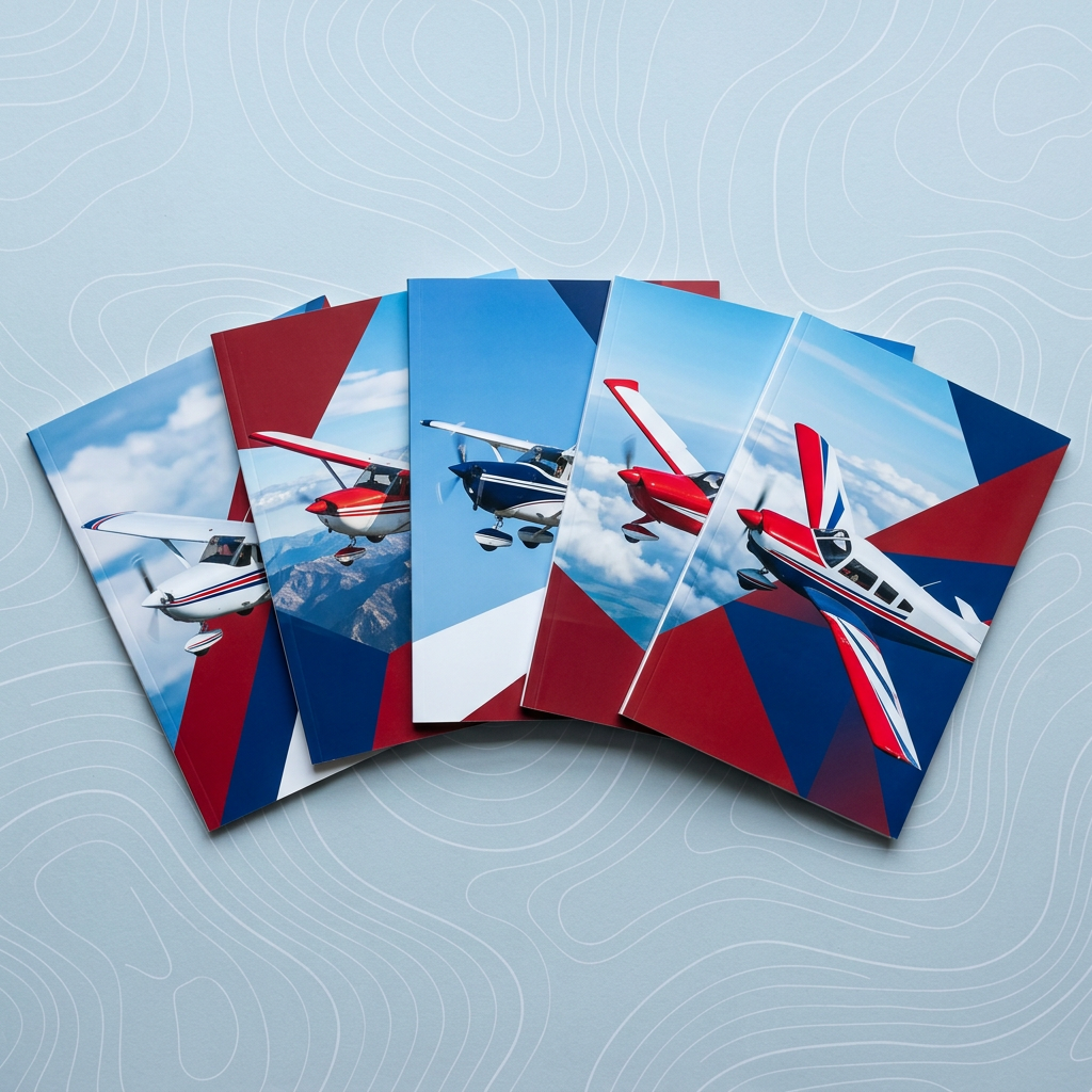 Five magazine issues fanned out on a pale blue topographic-map surface, each cover showing a red, white and blue aircraft in flight