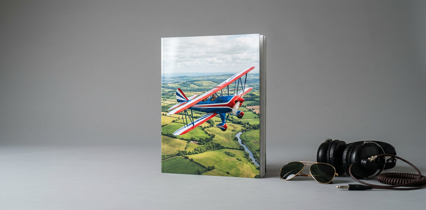 A magazine cover showing a red, white and blue biplane over green farmland, standing beside aviator sunglasses and a pair of headphones