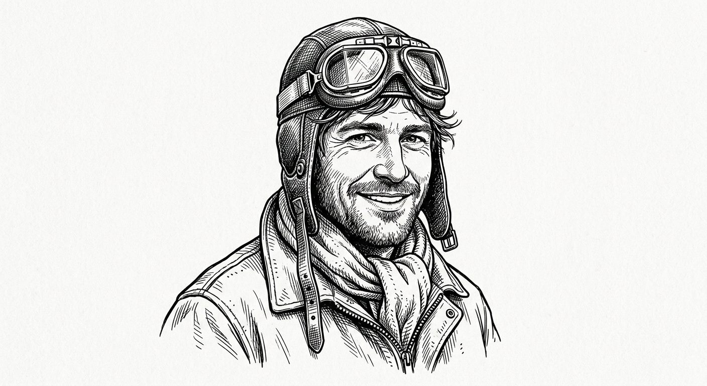 Pen-and-ink illustration of a smiling pilot in a leather cap with goggles pushed up