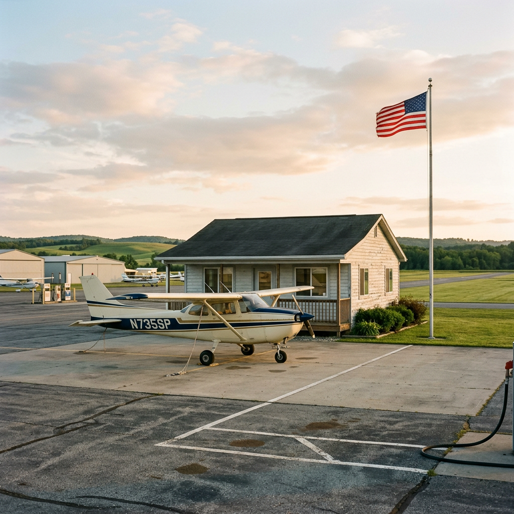 A cream and blue Cessna parked at a small airfield office with an American flag at golden hour