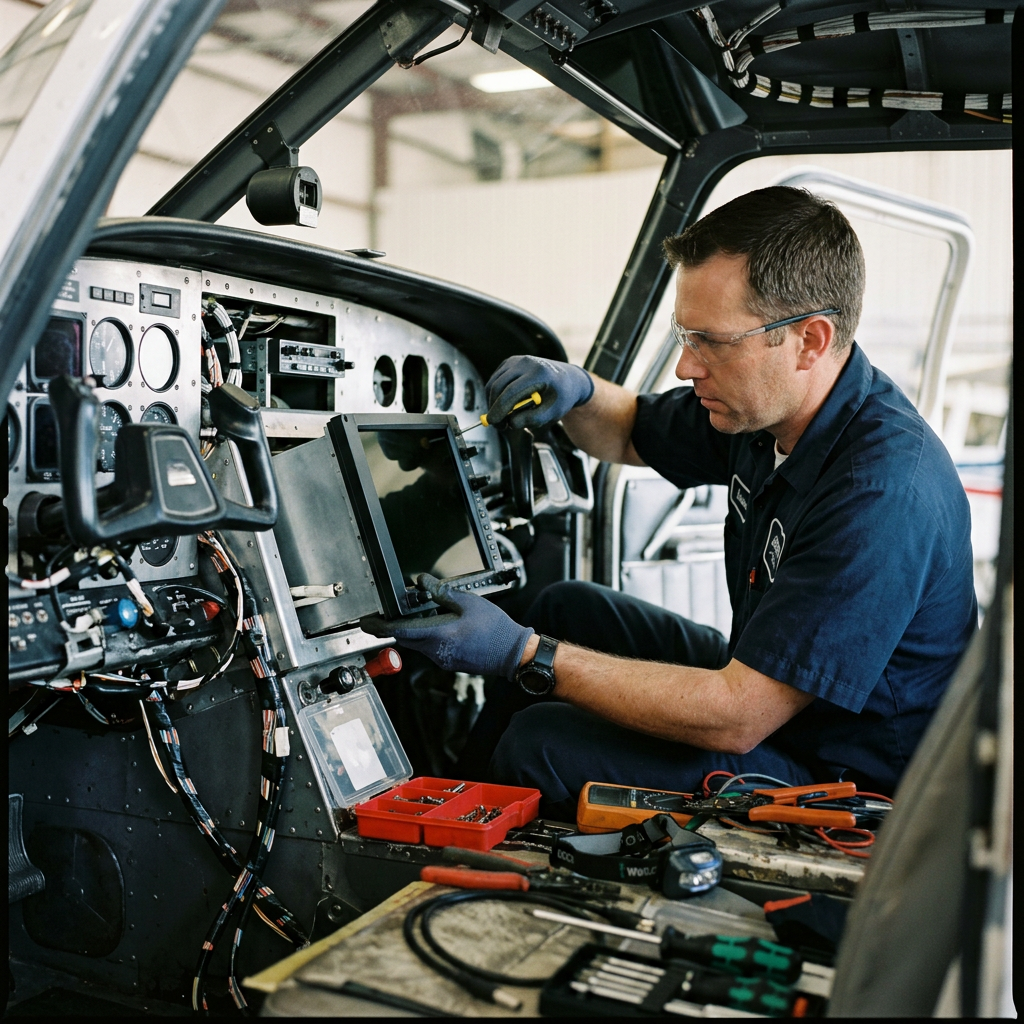 An avionics technician installing a display in a cockpit panel