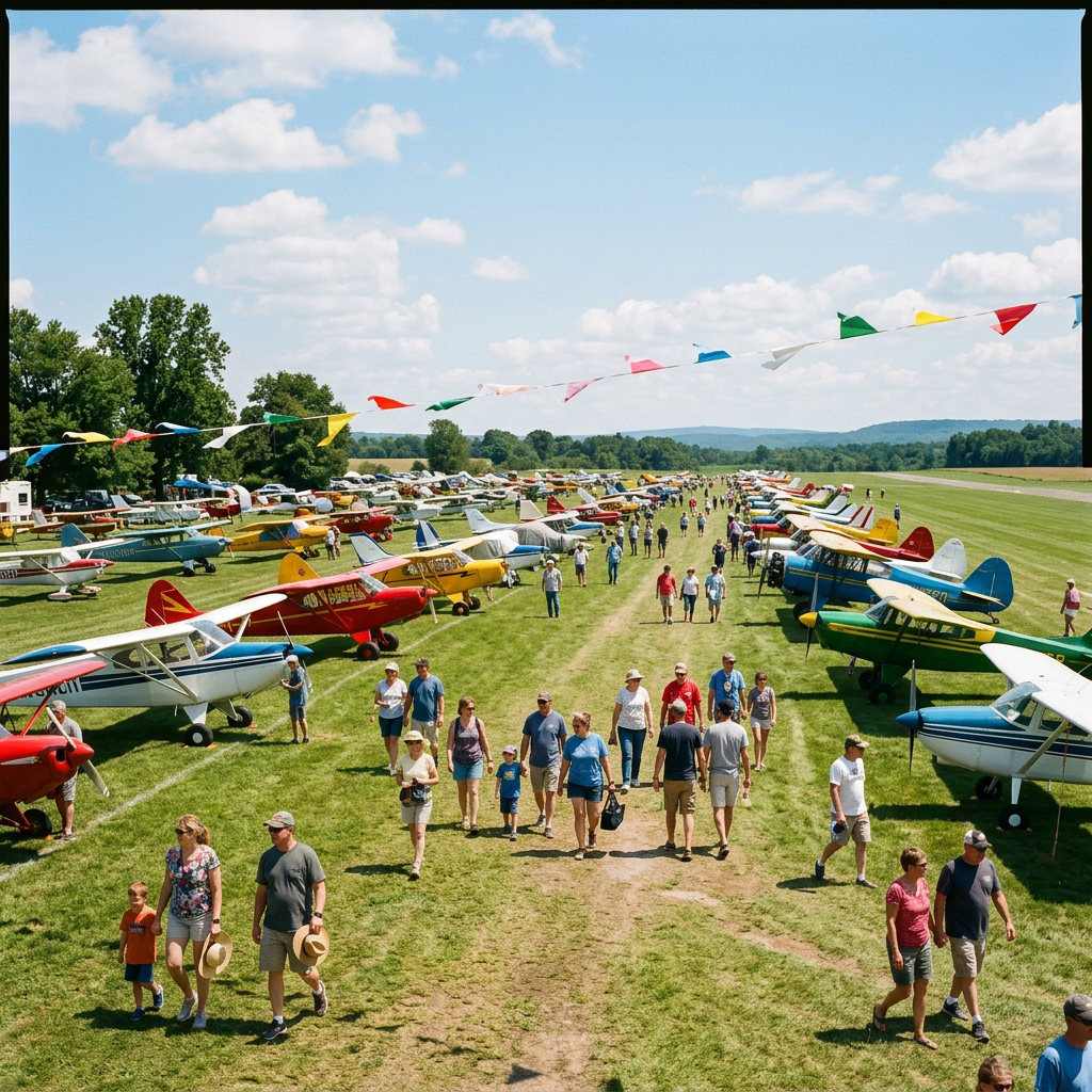 Crowds walking between rows of parked light aircraft at a summer fly-in