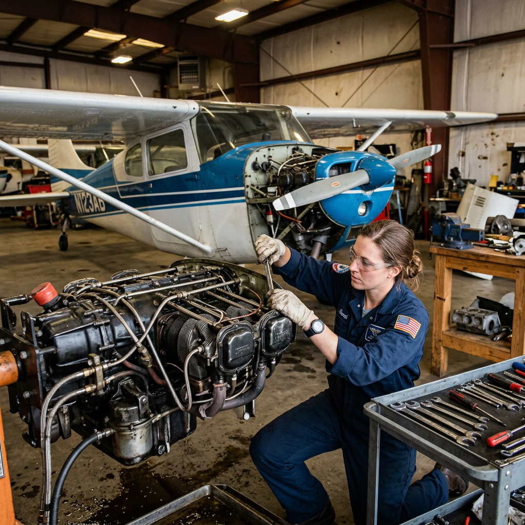 A mechanic working on an exposed piston engine beside a blue and white aircraft