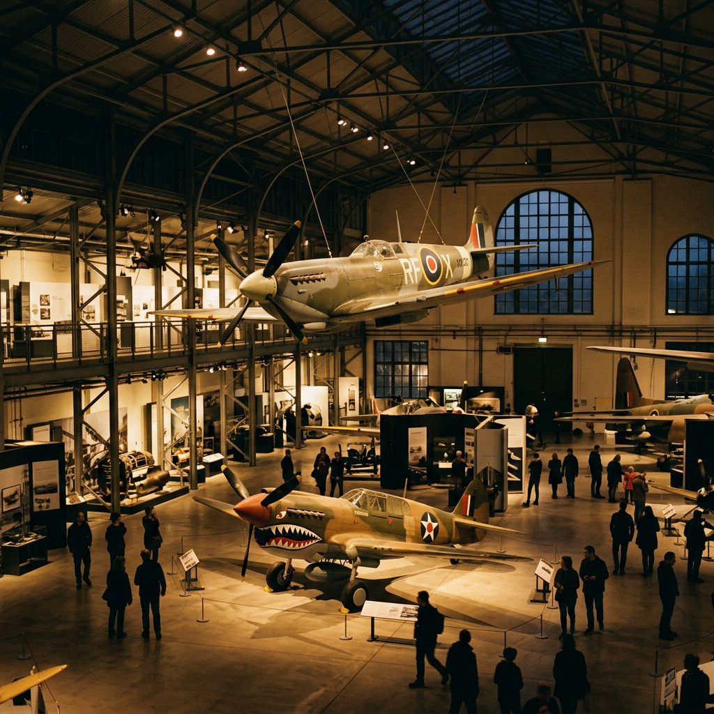 Visitors walking under vintage warplanes in an aviation museum hall
