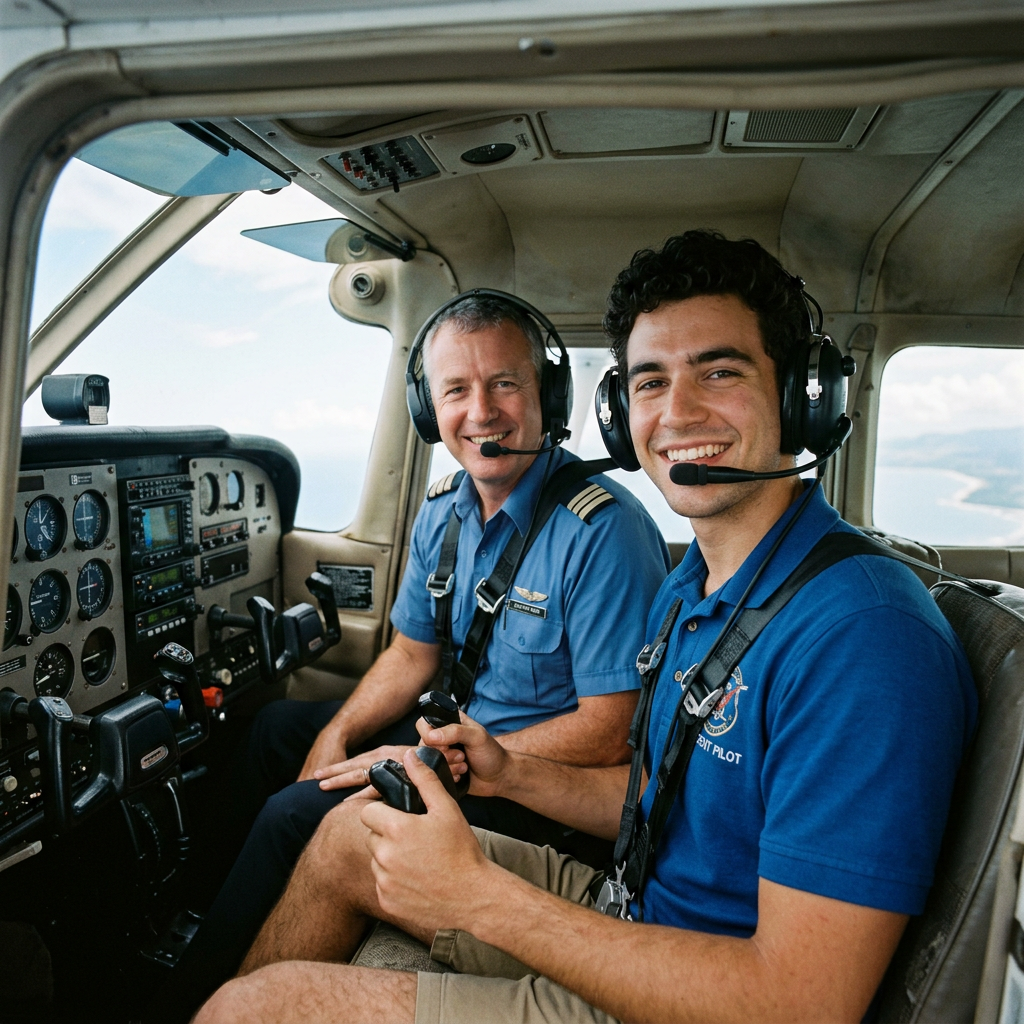 An instructor and a young pilot in headsets in the cockpit of a light aircraft